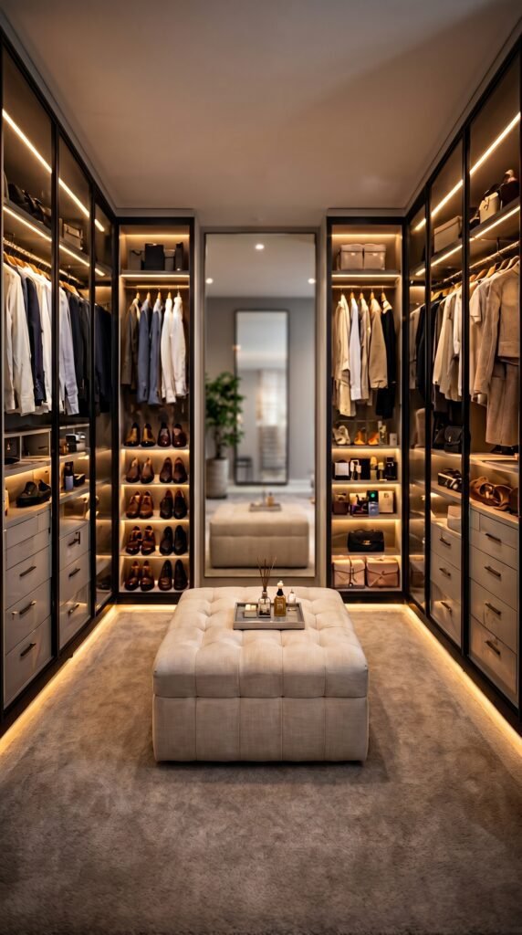 closet alto padrao luxuoso com detalhes em preto com led dourado